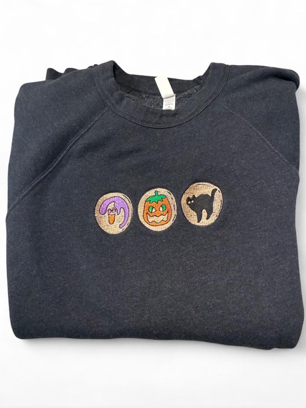 Bella Canvas Black Crewneck Sweater with Embroidered Halloween Icons